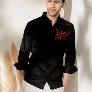 Alternative view of Black embroidered designer wear satin cotton shirt for men