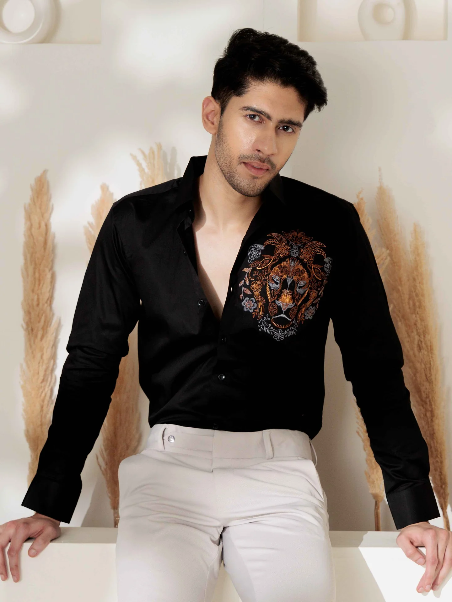 Black lion embroidered club wear satin cotton shirt